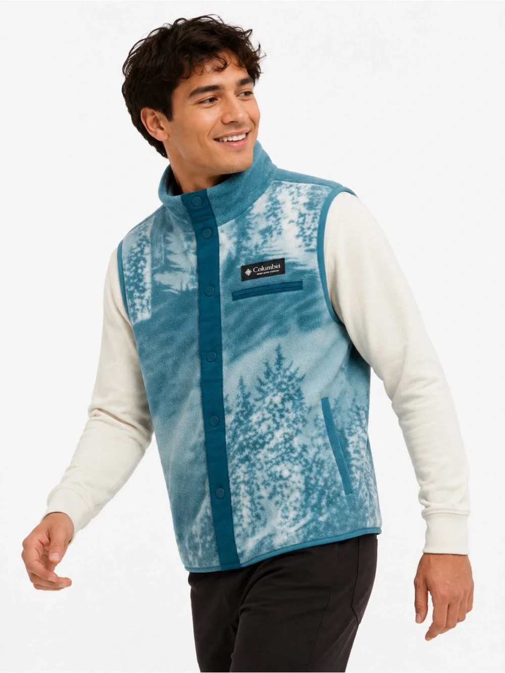 Columbia, Helvetia vest ski print blue button front Sherpa Size, M
